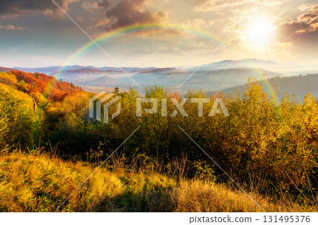 view from a mountain in to the foggy valley at sunset. beautiful autumn landscape. forested hills in fall colors in evening light. picturesque alpine countryside scenery view from a mountain in to the foggy valley at sunset. beautiful autumn landscape. forested hills in fall colors in evening light. picturesque alpine countryside scenery 131495376