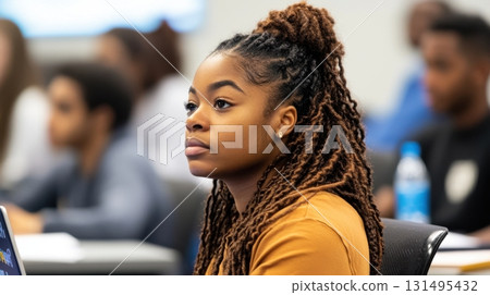 Young black woman engages with her laptop to complete a post-event survey in a university seminar room. Survey research answer checklist 131495432