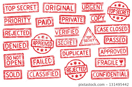 Collection Of Various Red Grunge Style Retro Stamps. Vintage Text Rubber Stamp Set. Denied, Fragile, Private, Top Secret, Sold, Rejected, Approved. Isolated Vector Illustration. 131495442