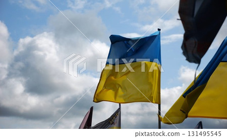 View on blue-yellow flags at countless graves of ukrainian soldiers alley of glory in Kharkiv. This site commemorates heroes and maintains the memory of wartime events in Ukraine. Slow moiton View on blue-yellow flags at countless graves of ukrainian soldiers alley of glory in Kharkiv. This site commemorates heroes and maintains the memory of wartime events in Ukraine. Slow moiton 131495545