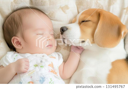 寶寶和小獵犬依偎在一起安靜地睡覺 131495767
