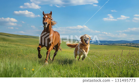 馬匹和黃金獵犬在廣闊的草原上奔跑的動態 131495773