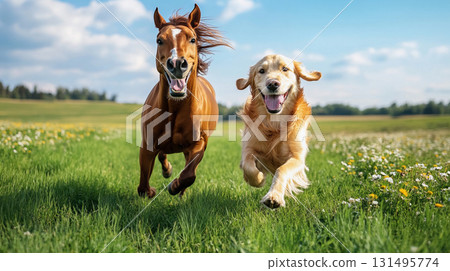 馬匹和黃金獵犬在廣闊的草原上奔跑的動態 131495774