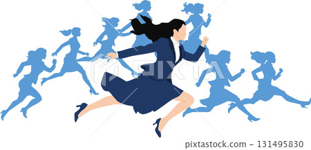 Illustration of a woman crossing the finish line in first place 131495830