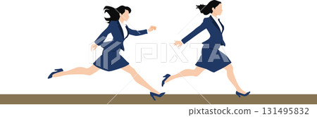 Illustration of a woman crossing the finish line in first place 131495832