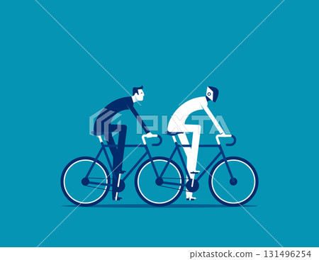 AI connection. Man and robot riding a tandem bike 131496254