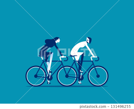 AI connection. Man and robot riding a tandem bike 131496255