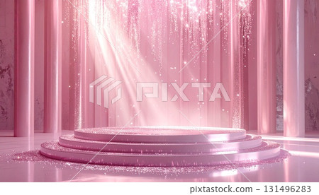 粉紅色舞台被奢華的燈光和閃亮的燈光背景包裹著，可以作為第一名或勝利的背景 131496283