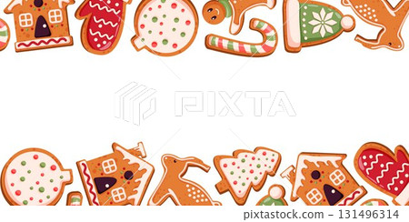 Decorative frame of gingerbread cookie shaped of house, mitten, reindeer, tree, candy cane and ornament on a white background in cartoon style. 131496314