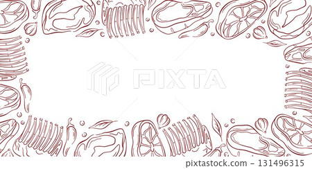 Border frame with different meat cut steak, rib and chop in a line art style. Perfect for food packaging, flyers, butcher store design and restaurant menu. 131496315