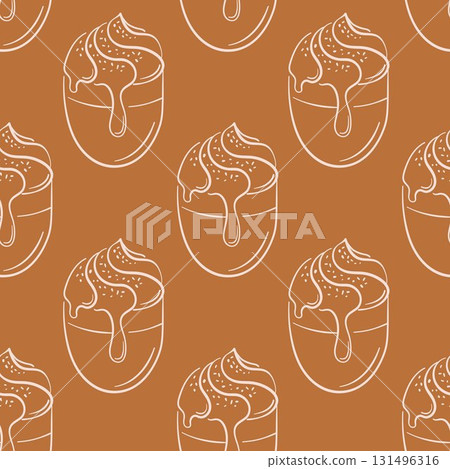 Seamless pattern with coffee, hot chocolate or cocoa with cream on top in line art style. Coffee cup wallpaper for bakery, cafe menu, packaging and sweet food design. 131496316
