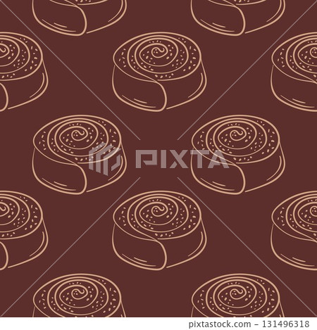 Cinnamon roll pastry seamless pattern in line art style. Perfect for kitchen wallpaper, bakery packaging, cafe menu design and sweet pastry background. Cinnamon roll pastry seamless pattern in line art style. Perfect for kitchen wallpaper, bakery packaging, cafe menu design and sweet pastry background. 131496318