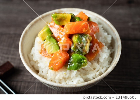 Salmon and avocado poke bowl Salmon and avocado poke bowl 131496503