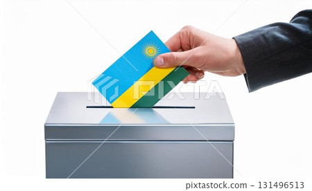 手持盧安達國旗的選票和投票箱。選舉。 131496513