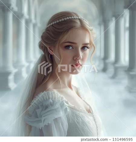 穿著白色洋裝的年輕女模特 131496595