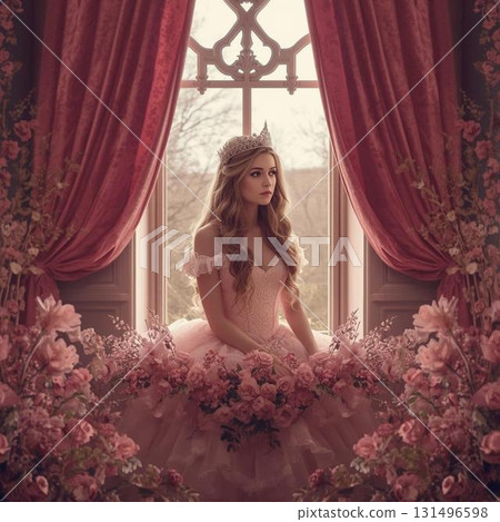 一位身穿粉紅色洋裝、周圍環繞著鮮花的女士 131496598
