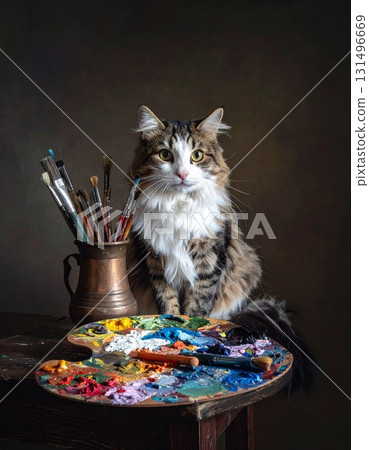 A cat living in a painter's studio 131496669