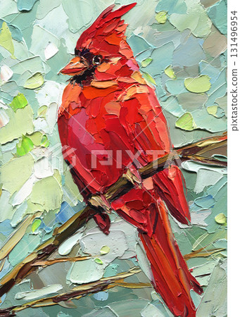 Red cardinal bird impasto oil painting colorful songbird perched on branch textured palette knife nature art Red cardinal bird impasto oil painting colorful songbird perched on branch textured palette knife nature art 131496954