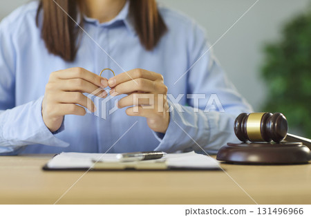 Wedding ring and gavel symbolizing divorce, legal separation, justice and family law 131496966