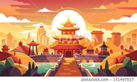 From a vantage point overlooking an ancient Chinese city, the sunrise reveals a bustling scene of New Year celebrations, the warm golden light highlighting the vibrant energy and traditional customs 131497017