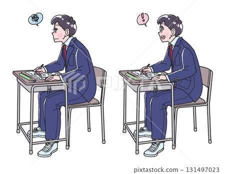 身穿制服的男學生在書桌前學習的全身插圖 - 了解版本和不了解版本 131497023