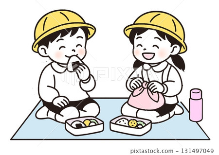 A cute illustration of kindergarteners enjoying their packed lunch on a field trip 131497049