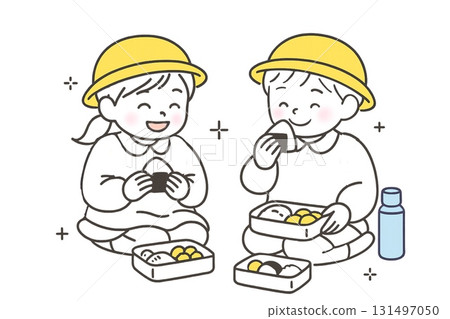Simple line drawing illustration of kindergarteners enjoying their picnic lunch (yellow accents) 131497050