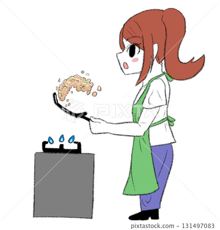 A girl wearing an apron cooking 131497083