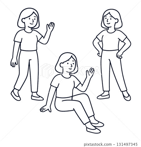 Coloring book coloring page featuring three women in casual clothing with friendly expressions Coloring book coloring page featuring three women in casual clothing with friendly expressions 131497345