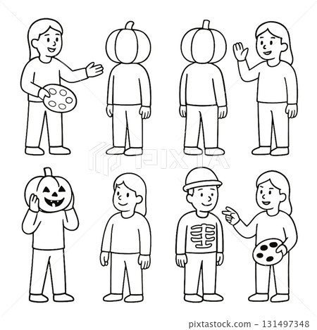 Coloring book coloring page featuring children in pumpkin costumes and skeleton outfit 131497348