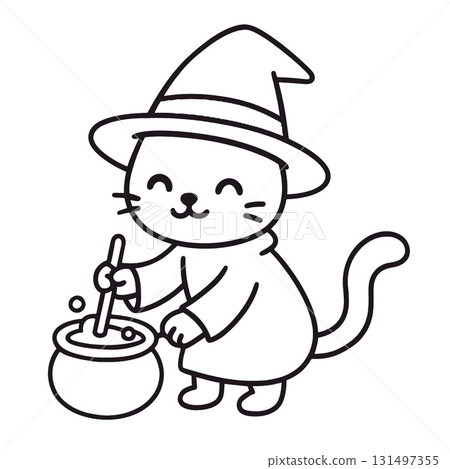 Coloring book coloring page featuring cute cat in witch hat stirring cauldron coloring 131497355