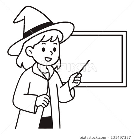 Coloring book page featuring happy witch teaching in front of board for coloring fun 131497357