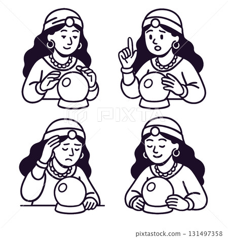 Coloring book coloring page featuring fortune teller woman with crystal ball various emotional Coloring book coloring page featuring fortune teller woman with crystal ball various emotional 131497358