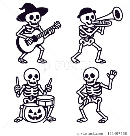 Skeleton guitar hat trumpet drum pumpkin dancing music Halloween fun 131497368