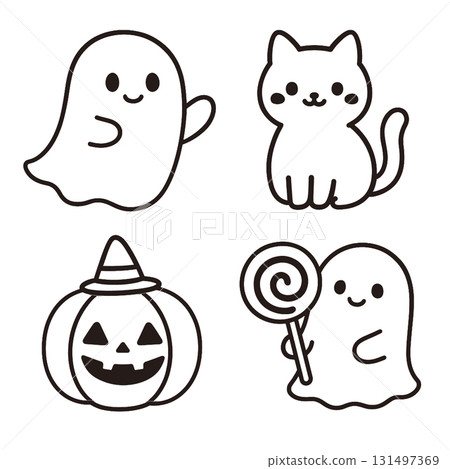 Coloring book coloring page featuring cute ghost cat pumpkin and lollipop for coloring fun 131497369