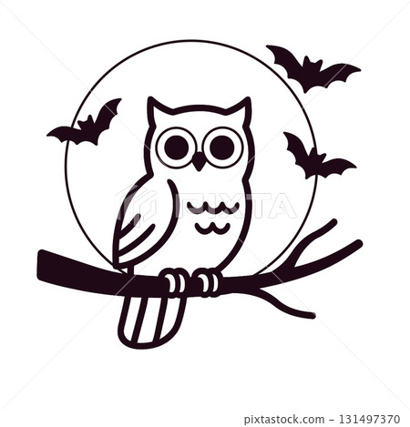Coloring book coloring page owl branch bat moon night simple line art 131497370