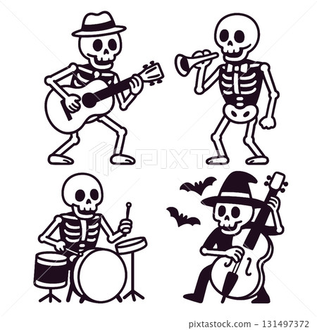 Coloring book coloring page featuring skeletons playing musical instruments in fun coloring style Coloring book coloring page featuring skeletons playing musical instruments in fun coloring style 131497372