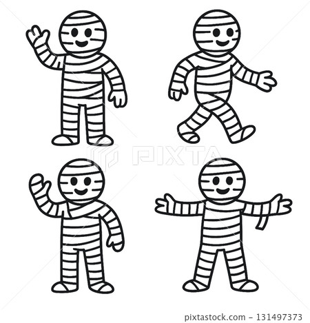 Coloring book page featuring cute mummy characters for coloring fun and creative coloring Coloring book page featuring cute mummy characters for coloring fun and creative coloring 131497373
