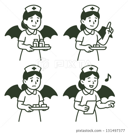 Nurse bat wing medicine tray cartoon uniform female emotion happy sad singing gesture Nurse bat wing medicine tray cartoon uniform female emotion happy sad singing gesture 131497377