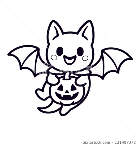 Coloring book coloring page featuring cute bat holding pumpkin for coloring fun Coloring book coloring page featuring cute bat holding pumpkin for coloring fun 131497378