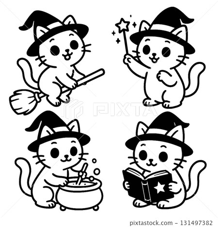 Coloring book coloring page featuring cute cat in witch hat with broom wand cauldron and book 131497382