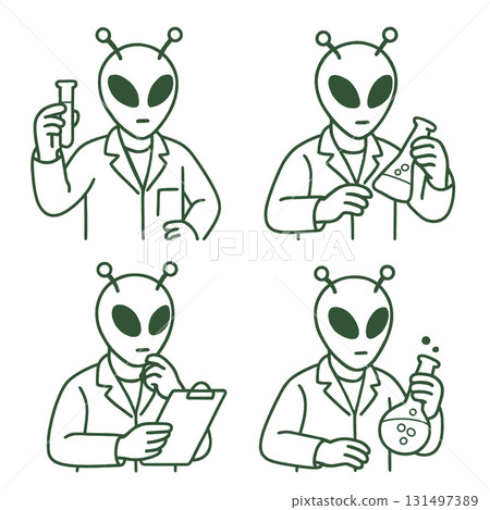 Coloring book coloring page featuring alien scientist in lab coat holding beaker and clipboard 131497389