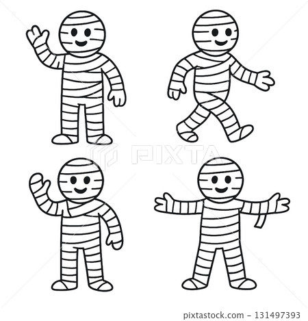 Mummy cartoon black and white cute happy waving walking arms open simple line art Mummy cartoon black and white cute happy waving walking arms open simple line art 131497393