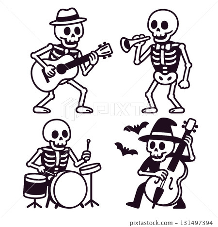 Skeleton musician playing guitar, trumpet, drum, and double bass with bats, Halloween theme 131497394