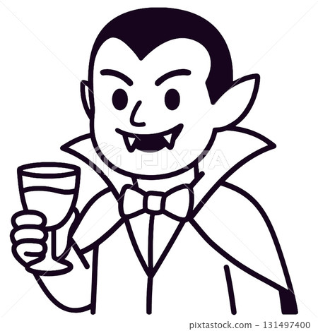 Vampire cartoon fangs cape bow tie holding glass smiling Halloween line art 131497400