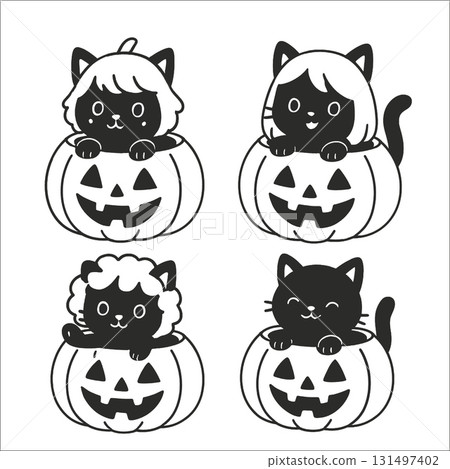 Cute black cat with pumpkin Halloween cartoon isolated playful festive white background 131497402