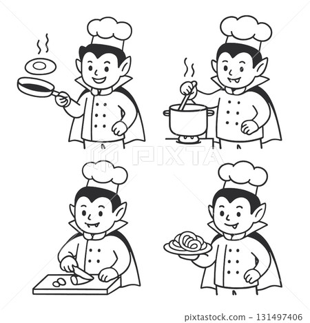 Vampire chef cartoon, cooking, frying, stirring, chopping, serving pasta, happy expression 131497406
