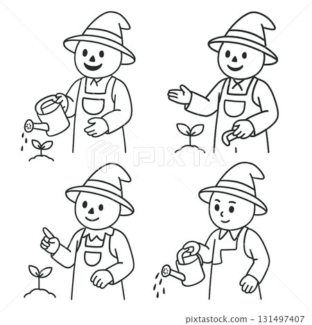 Cartoon farmer watering can plant hat apron happy gardening line art simple style 131497407