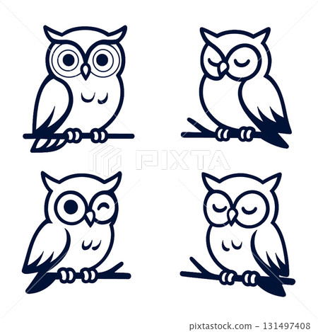Cute owl illustration, cartoon bird, sitting branch, with different facial expressions 131497408