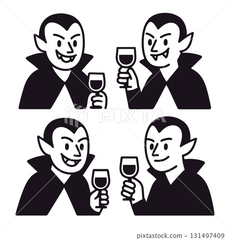 Vampire cartoon character holding wine glass, smiling, wearing black cape, Halloween theme Vampire cartoon character holding wine glass, smiling, wearing black cape, Halloween theme 131497409